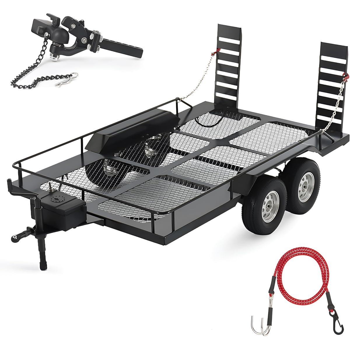RC Trailer Metal 1/10 Scale Trailer Kit for RC Crawler Axle SCX10 D90 Wrangler TRX6 TRX4 Redcat GEN8 RGT 86100 SMT CFX CC01 CC02 LC80 trx4 Upgrade (RC Trailer Kit with Elastic Kinetic Winch Strap)
