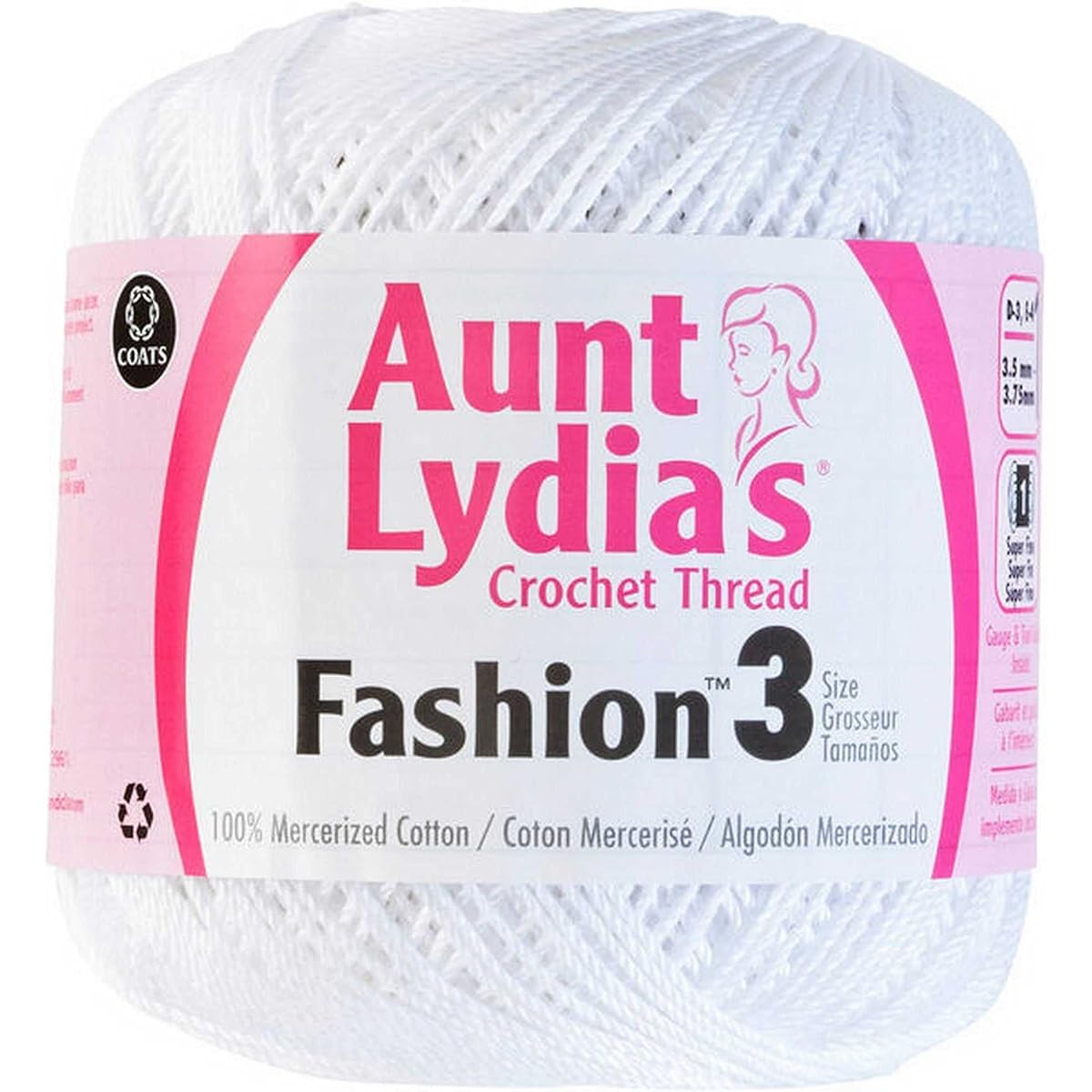 Aunt Lydia Crochet Yarn Fashion Size 3 White 182-201 (3 Walls) Same Dye Lot Fashion Size 3 Soft 100% Mercerized Cotton Bundle with 1 Artsiga Craft Bag