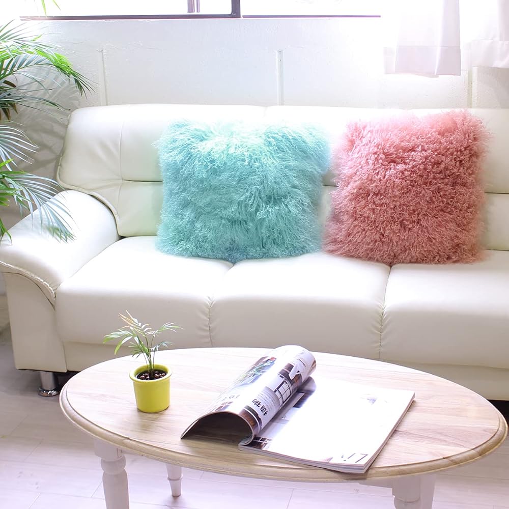 Shearling Cushion Natural Long Hair Robin's Egg 41 x 41cm Tibetan Lamb Cushion NC046RE