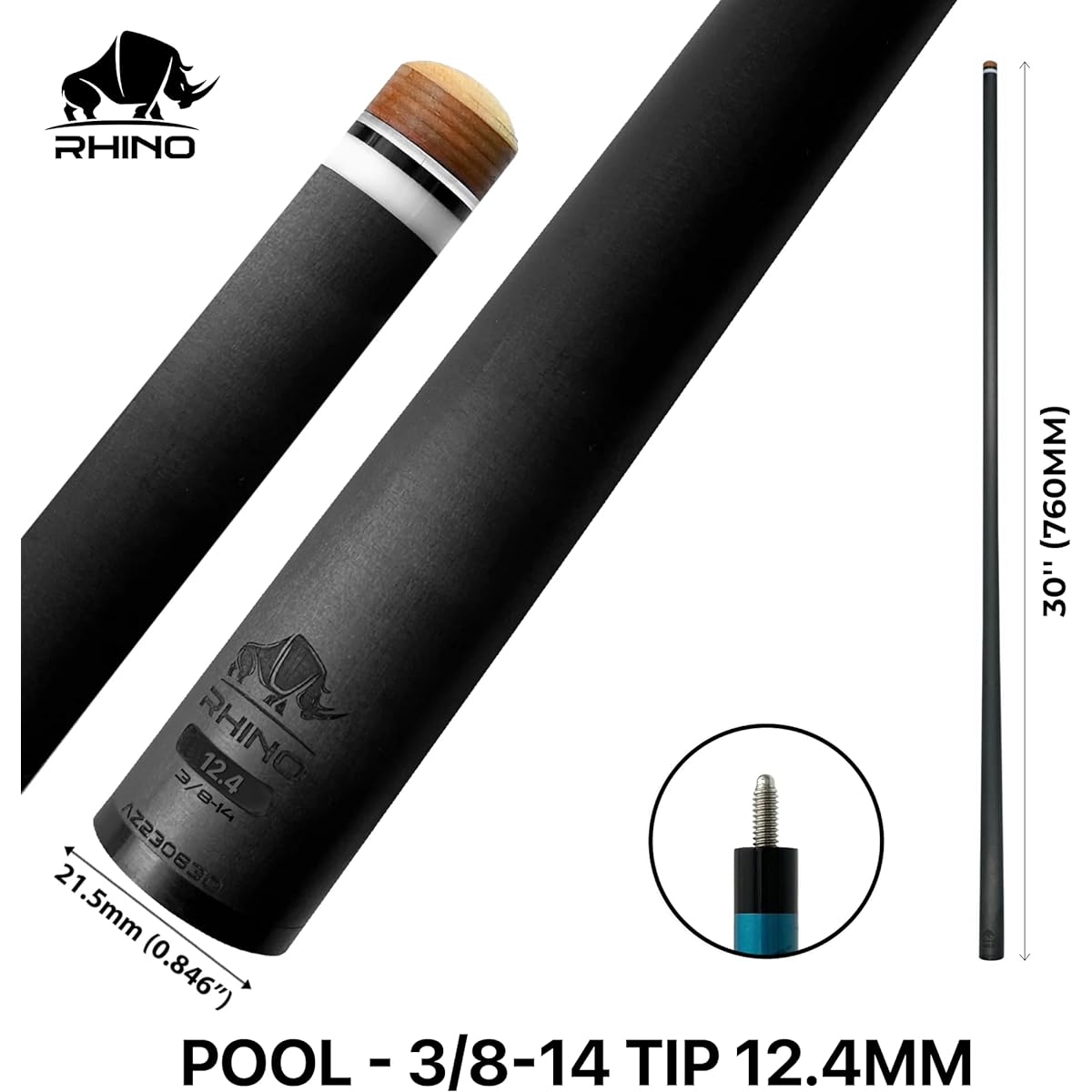 RHINO - 30" / 3/8-14 Carbon Pool Cue Single Shaft Tip F1 Crystal 11.8mm 12.2mm 12.4mm 12.5mm 12.6mm 12.7mm 12.8mm 12.9mm 10.5mm Low Deflection Technology