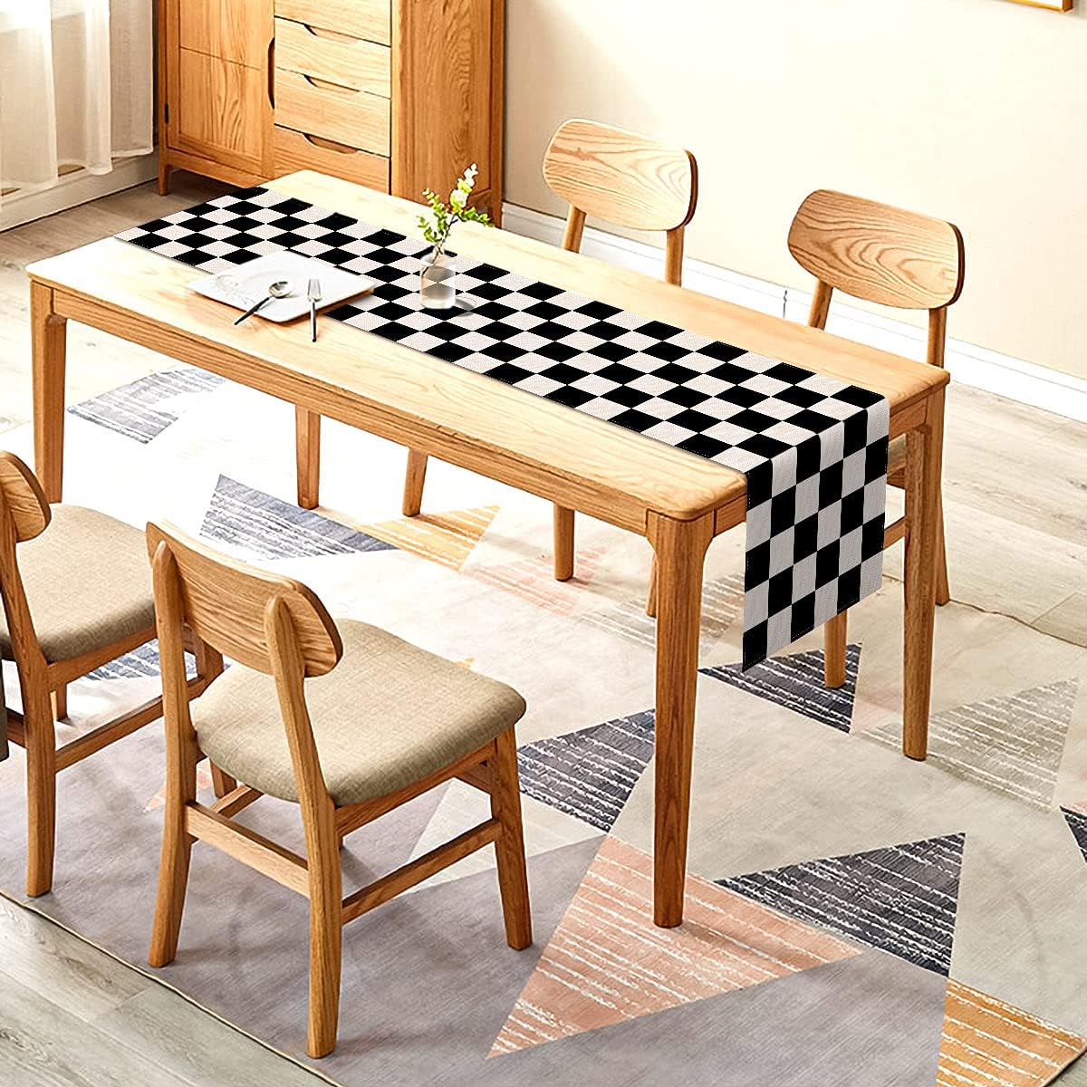 Sunwer Racing Car Table Runner Black & White Checkered Car Birthday Party Decorations Kitchen Dining Room Decor 72" Long
