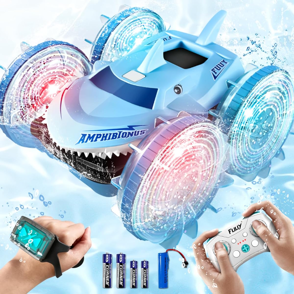 FUUY 4WD High Speed RC Stunt Car RC Submarine Super Power Amphibious Monster Jam Truck Double Sided Racing 360 Degree Rotation Waterproof Remote Control Boat Kids Pool Beach Toys for 3-10 Years Old