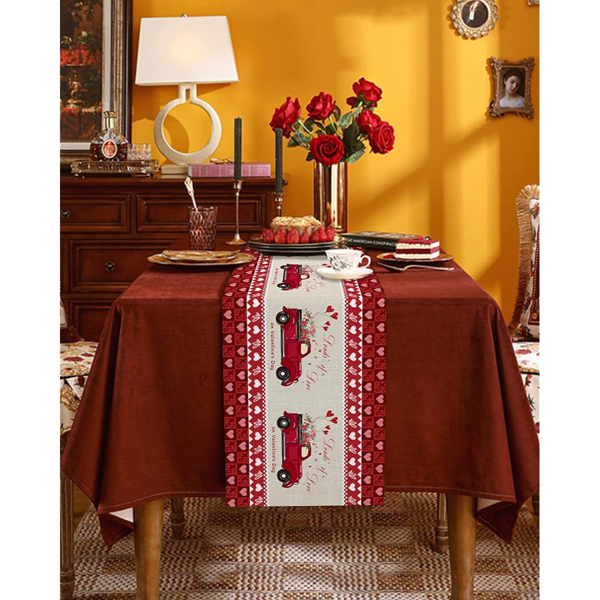 ARTSHOWING Valentine's Day Table Runner Decorative Cotton Linen for Holiday Home Decor Birthday Party Family Dinner 13 x 36 Inch Farmhouse Truck with Rose Balloons