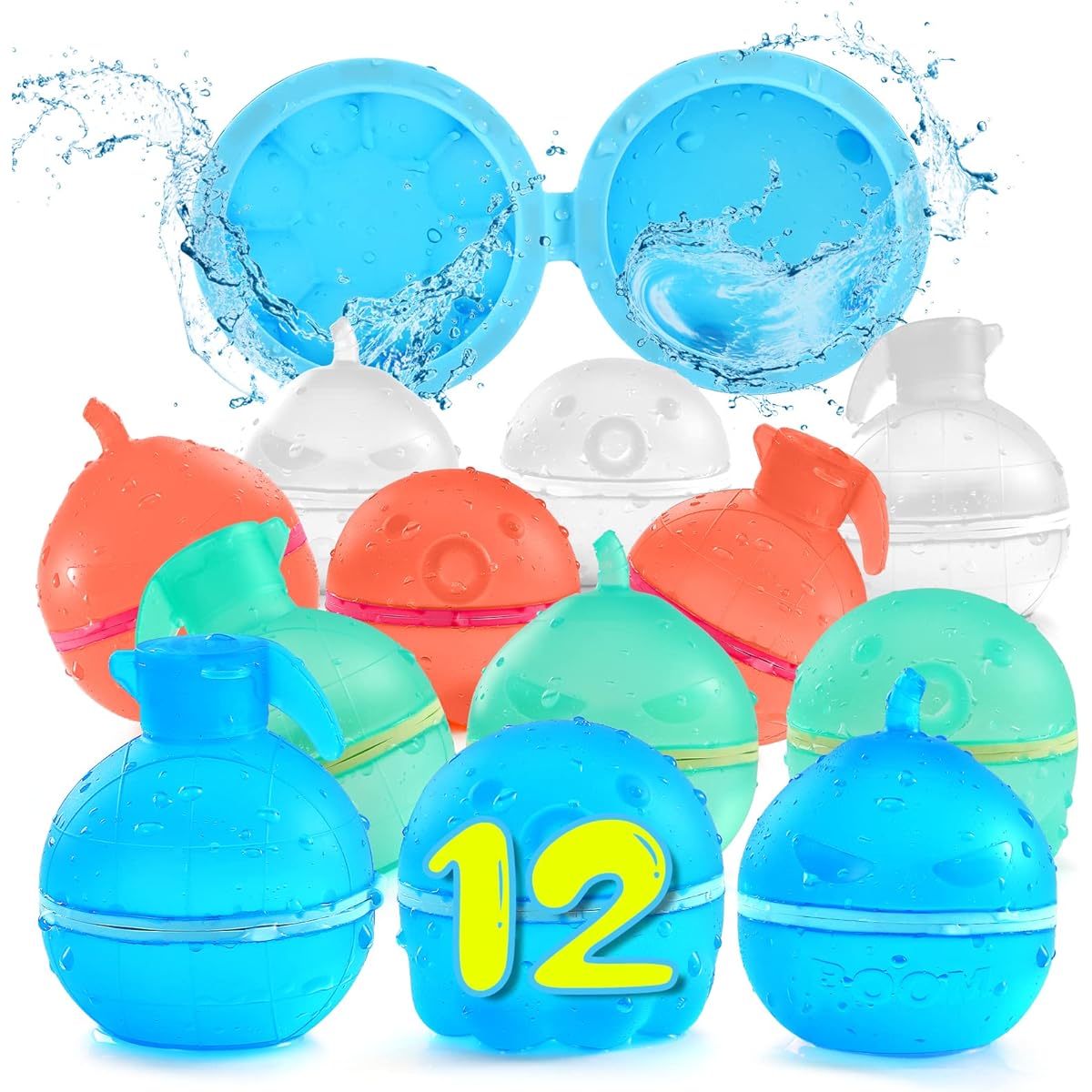 Reusable Water Balloons for Kids, 12pcs Refillable Magnetic Self-Sealing Water Balloons Quick Fill Silicone Water Bomb Splash Balls Summer Pool Toys Outdoor Water Toys Beach Toys
