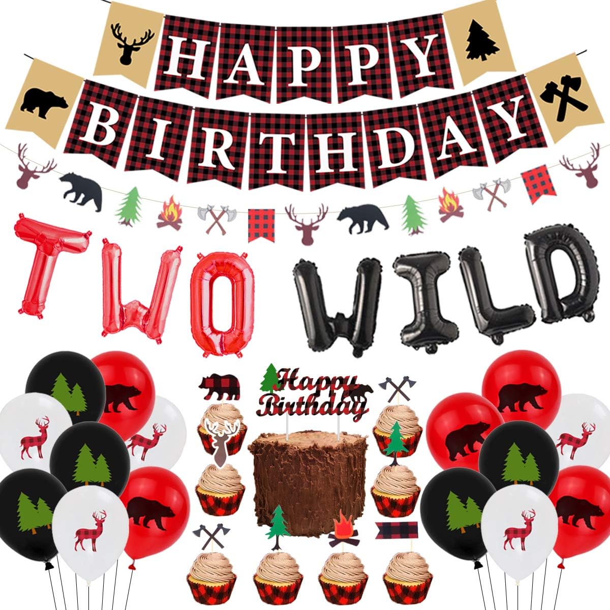 Jollyboom Lumberjack 2nd Birthday Party Decorations for Boys, 2 Wild Birthday Decorations, Black, Red, Buffalo, Plaid, 2nd Birthday Party Supplies