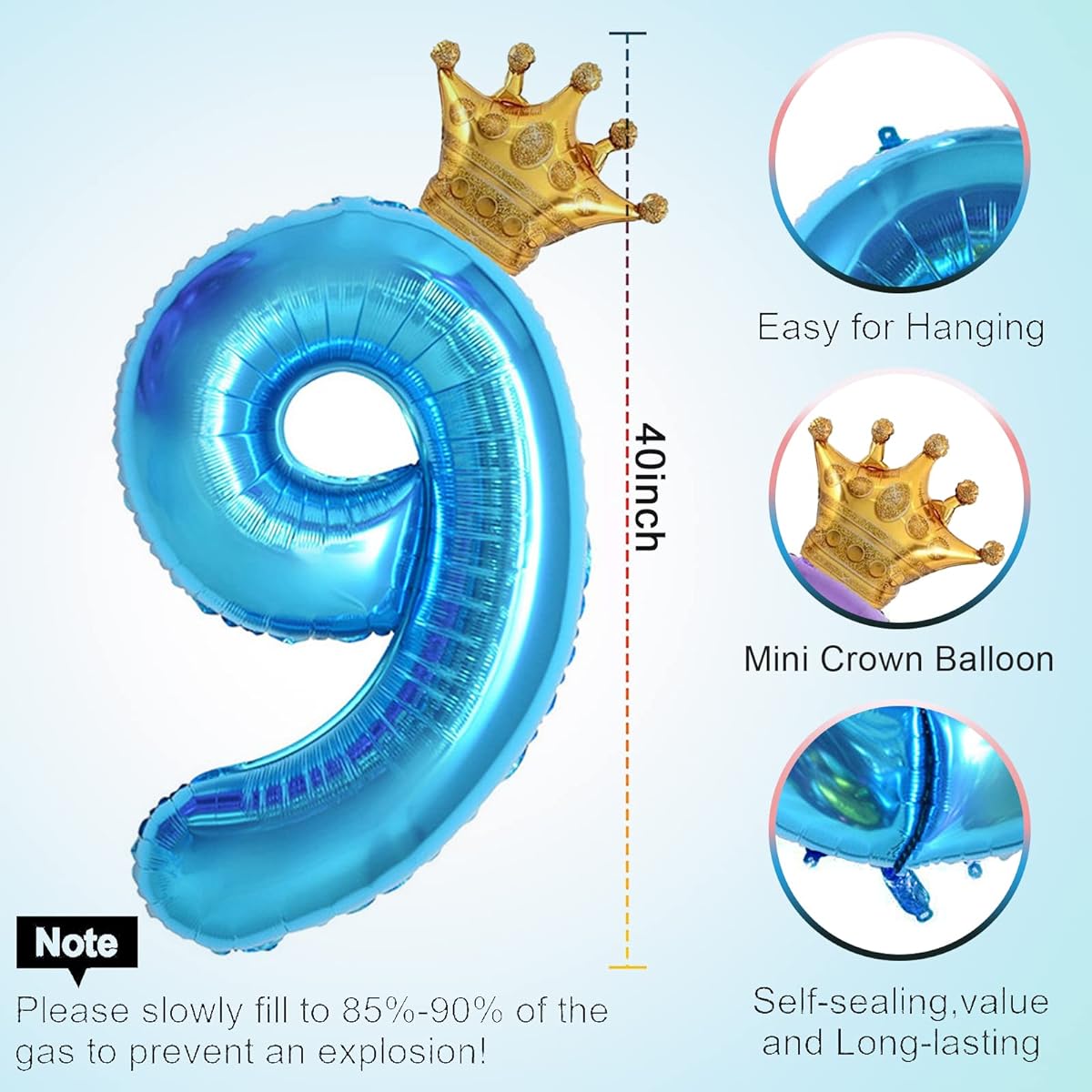40" Light Blue Number 9 & Mini Crown Balloons Birthday Party Decorations, 9th Birthday Party Decorations, Blue Theme Party Balloons Decorations Supplies