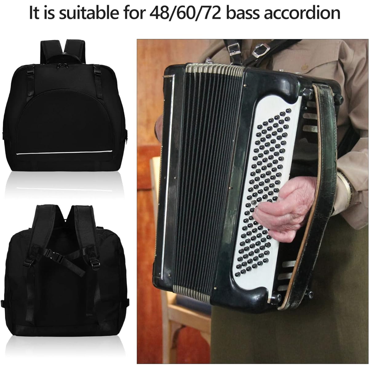 Vaguelly Accordion Bag Padded 48/60/72 Bass Piano Gig Bag Backpack with Shoulder Strap Accessory Bag Accordion Case Musical Instrument Carrying Bag Black