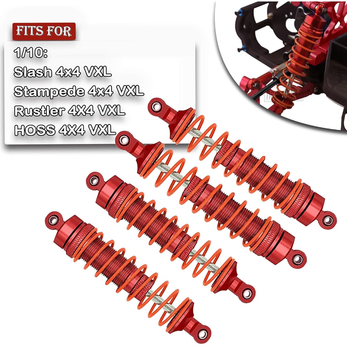 HopsupRC Big Bore RC Shock Upgrade Parts for 1/10 Traxxas Rustler/Slash/Stampede/Hoss 4x4 VXL 4WD 4pcs Alloy Full Metal Front Rear Shock Absorber Damper 5862 Replacement Red