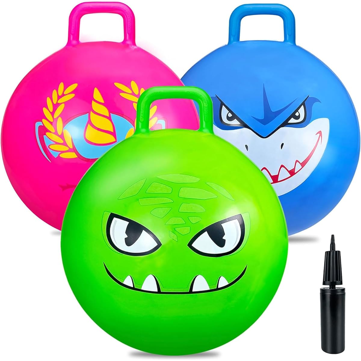 Hymaz 3 Piece Jump Hopper Bouncy Ball 18'' Inflatable Bouncing Ball Kids Toddler Outdoor Toy Bounce Ball with Handle Birthday Party Game School Team Family Ride Spin Toy