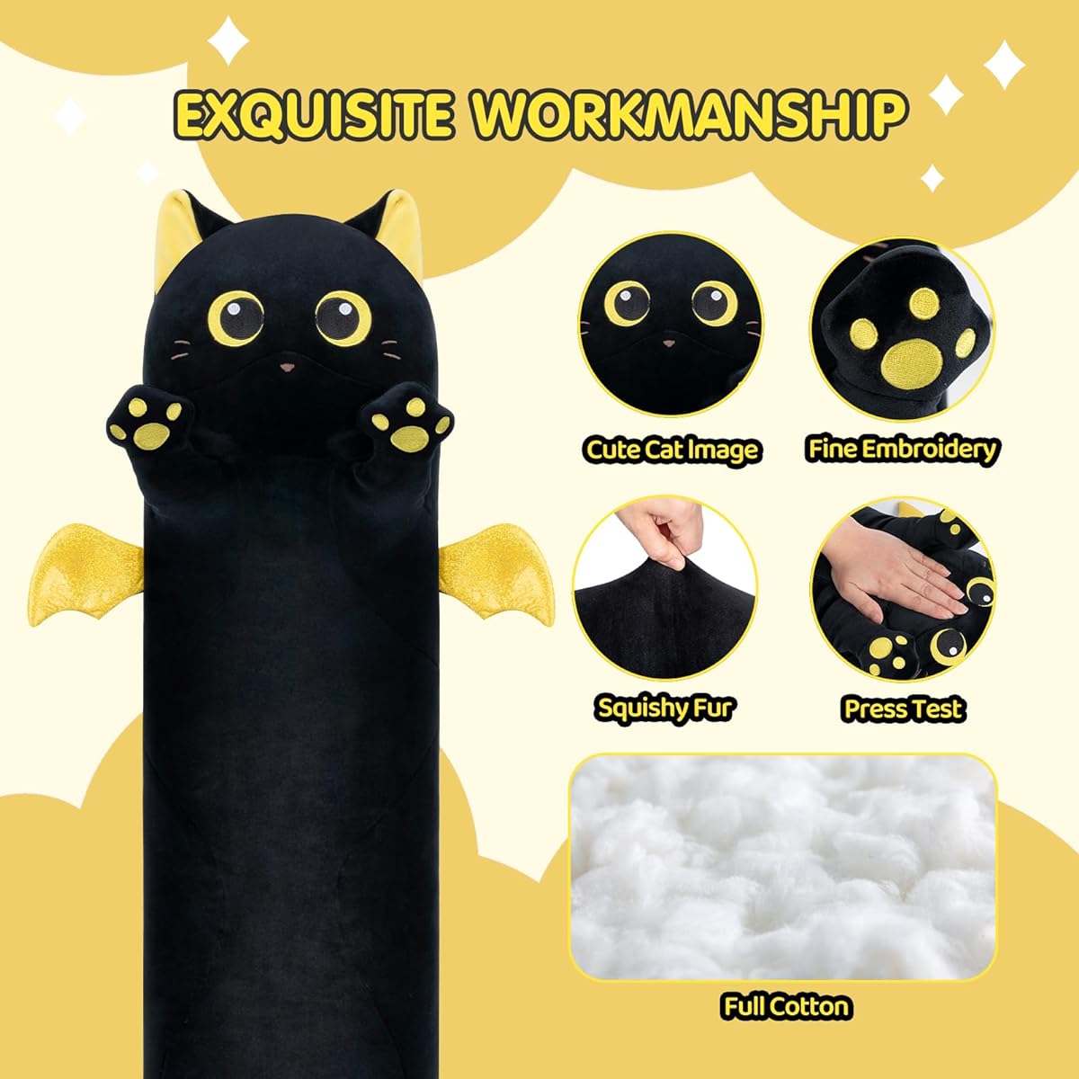 Mewaii Long Cat Plush Toy Pillow Cute Black Cat Stuffed Animal Halloween Plush Cute Large Squishy Plush Toy for Kids Girls Boys Gift 19.6inch/50cm