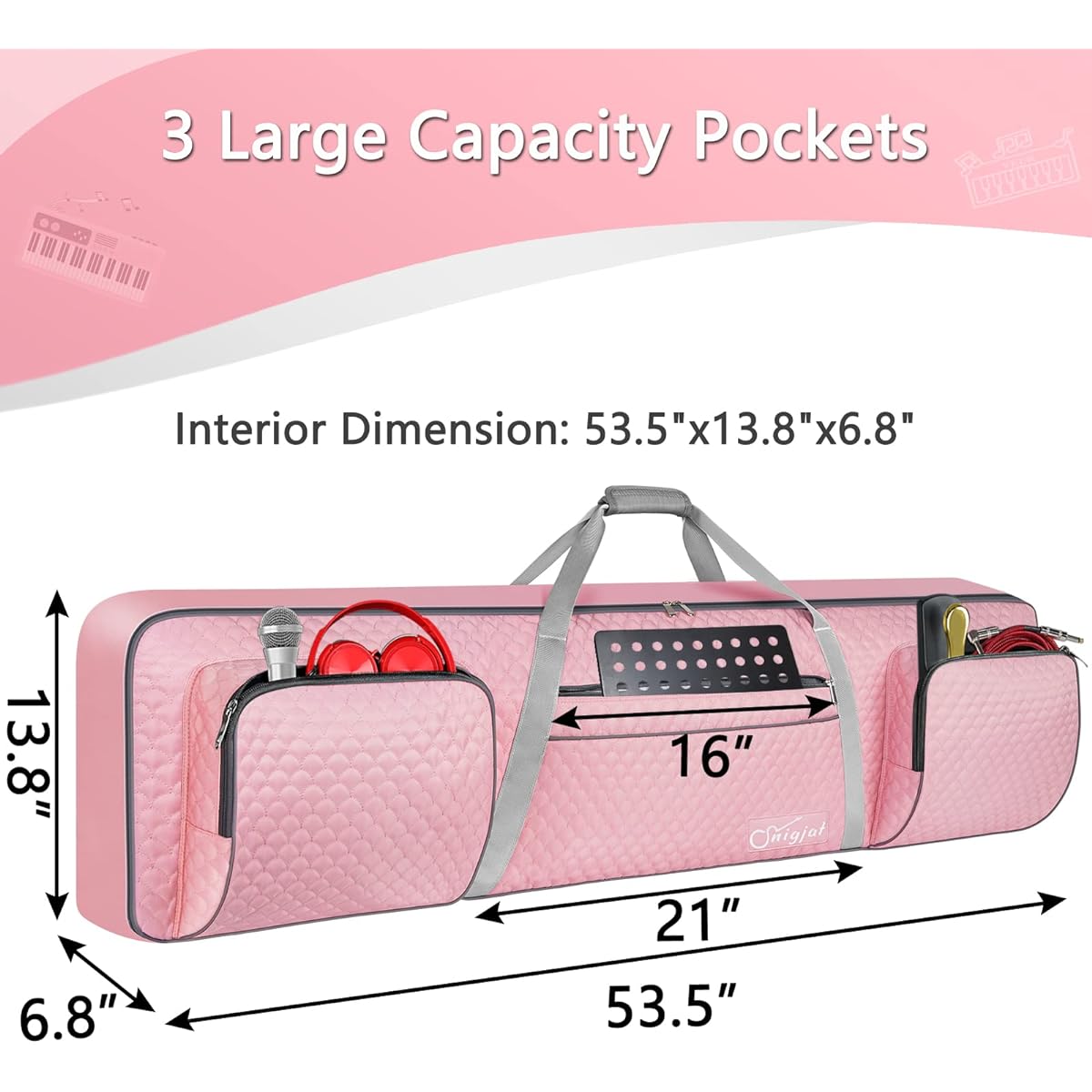88 Key Keyboard Case for Women (Interior: 53.9" x 13.8" x 6.8") Padded Piano Case with Handle and Adjustable Shoulder Strap, Keyboard Gig Bag for Sheet Music Stand, Sustain Pedal, Pink