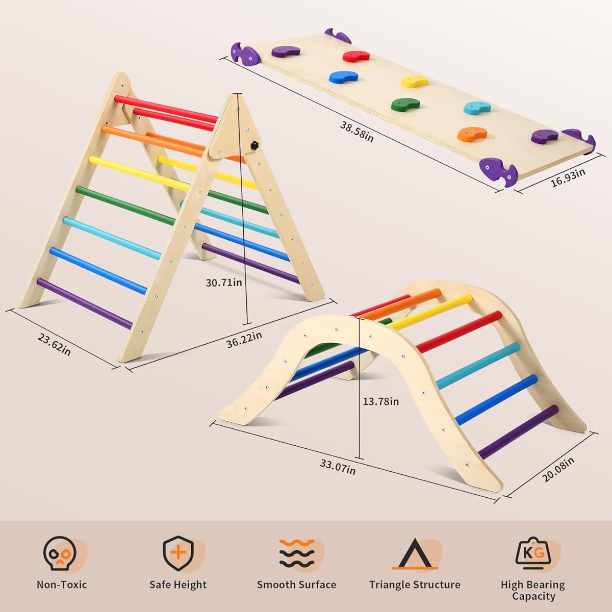 Foldable 3-in-1 Pickler Triangle Set Indoor Wooden Montessori Climbing Toys for 1-3 Years Old Toddler Rainbow Climbing Triangle Set with Slide and Climbing Slope Toddler Indoor Playground