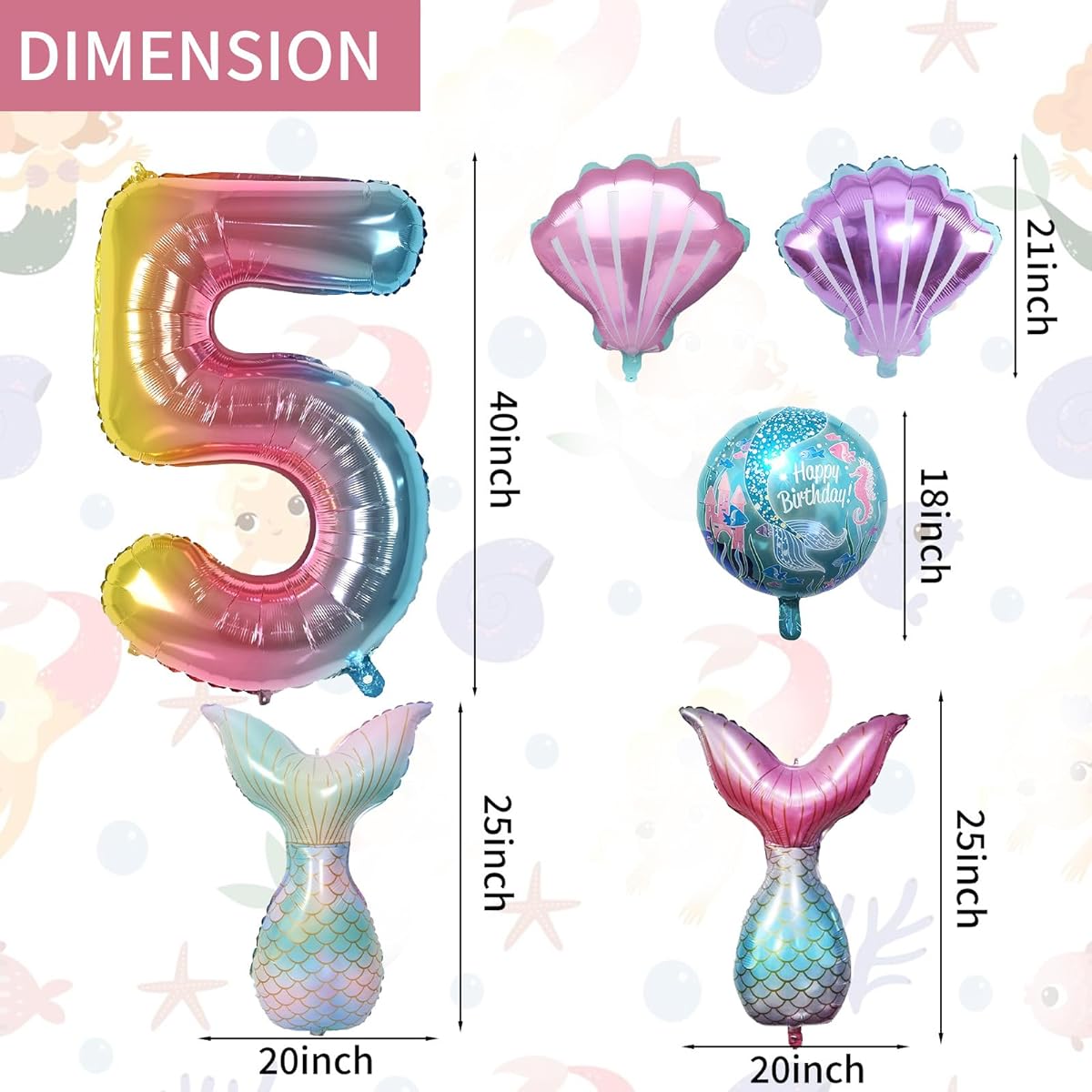 5 Year Old Mermaid Birthday Decorations, Little Mermaid Party Decorations, Mermaid Balloon Kit, Ocean Balloons, Mermaid Foil Balloons, Mermaid Tail Balloons for Girls, Mermaid Party, Baby Shower