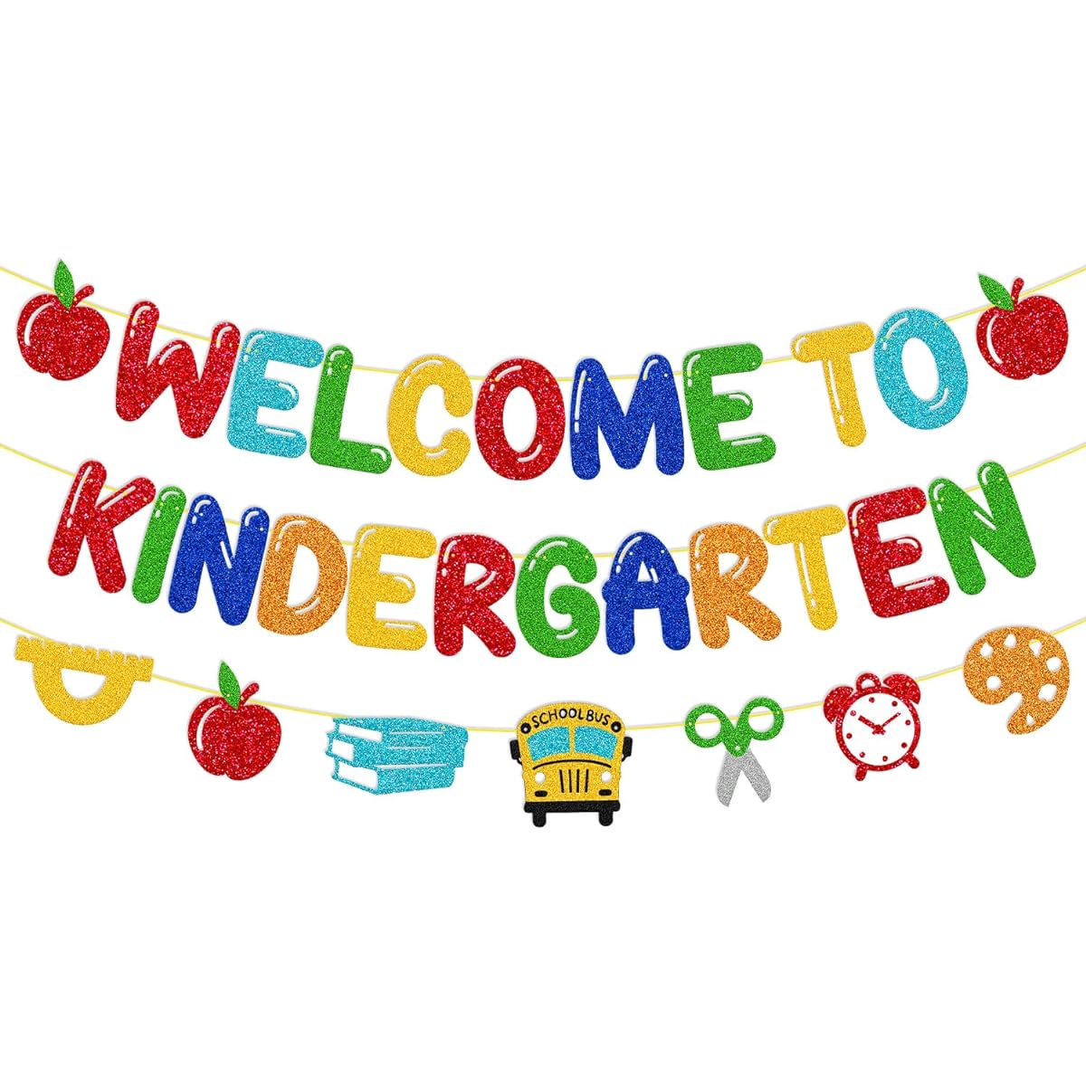 Welcome to Kindergarten Banner, First Day of Kindergarten for Kids, Classroom Party, Apple, Ruler, School Bus, Scissors, Alarm Clock, Drawing Board, Sign, Party Supplies