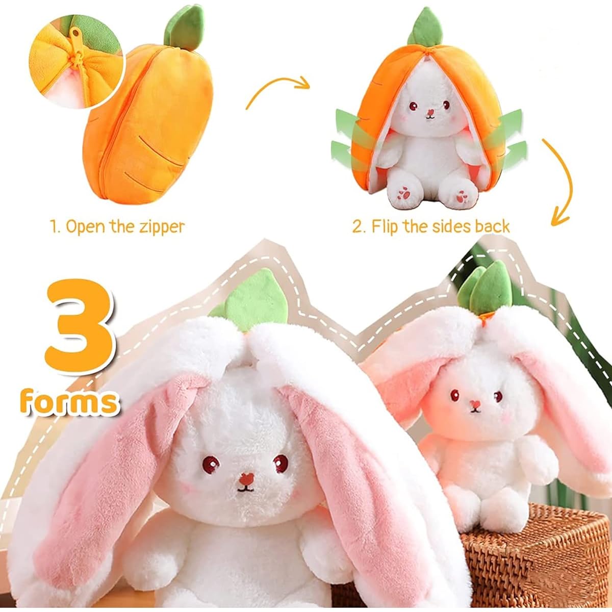 Mukorolee 2pcs Reversible Carrot Strawberry Bunny Plush Pillow with Zipper Easter Stuffed Animal Rabbit Plush Toy - Cute Birthday Gift for Kids (13.8" Set)