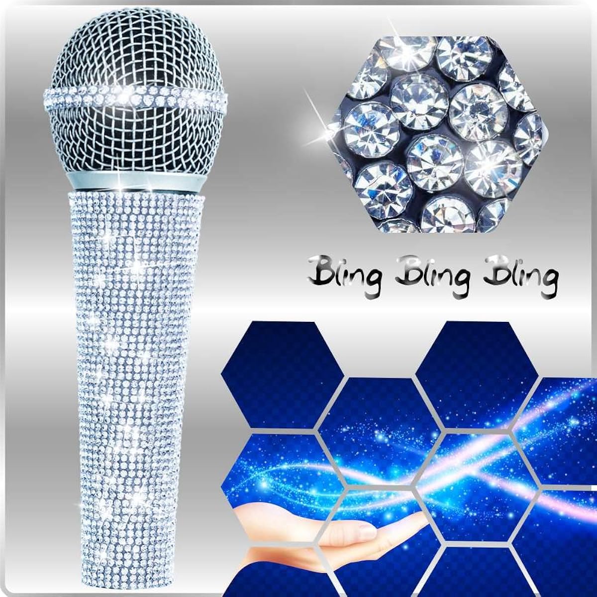 Rhymkawa Silver Wired Microphone with 3.5M XLR Cable Clip Holder Nut Adapter 5/8" to 3/8" for Podcast Singing Karaoke System Silver Cardioid Dynamic Vocal Mic Rhinestone Handle Metal Body (Silver)