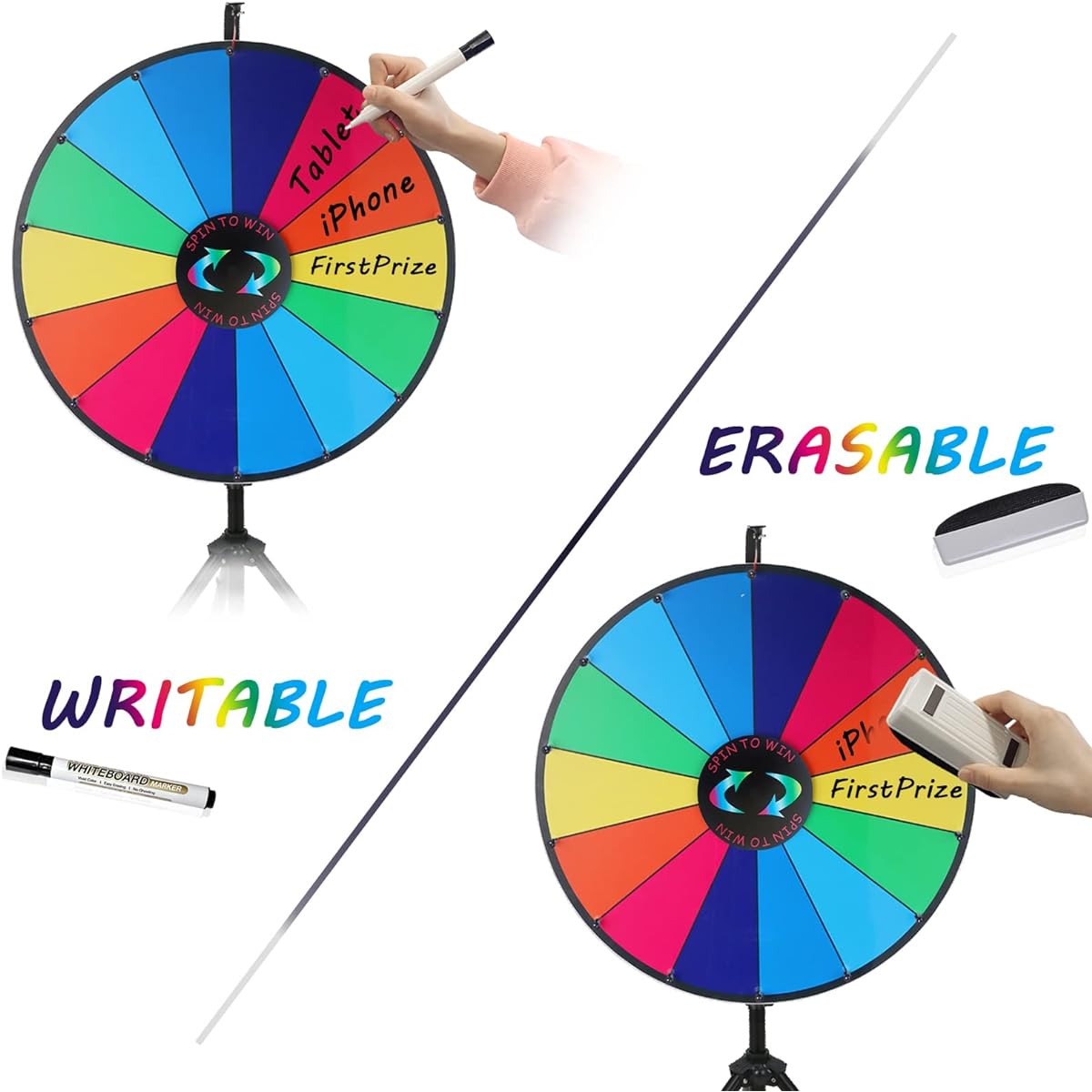 iElyiEsy 24" Spinning Prize Wheel of Fortune with Foldable Tripod Floor Stand, Adjustable Height, 14 Slots, Spin Wheel with Dry Erase Marker & Eraser for Carnival Trade Show