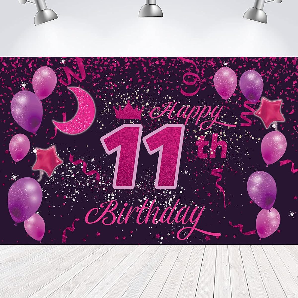 WXLWXZ Sweet Happy 11th Birthday Backdrop Banner Poster, 11th Birthday Party Decorations, 11th Birthday Party Supplies, 11th Photo Background for Girls, Boys, Women, Men - 72.8 x 43.3 Inch (Pink Purple)