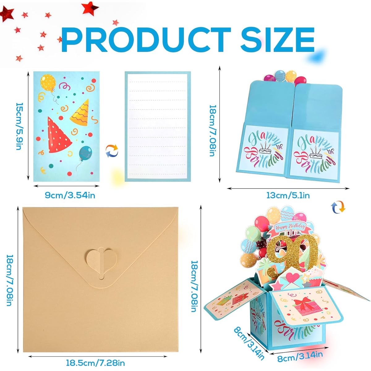 TOYMIS Pop Up Birthday Card in Box Colorful Pop Up Box Birthday Card with Note and Envelope 3D Birthday Card Happy Birthday Pop Up Box for Women Men 90 Years Old Happy Birthday Pop Up Card