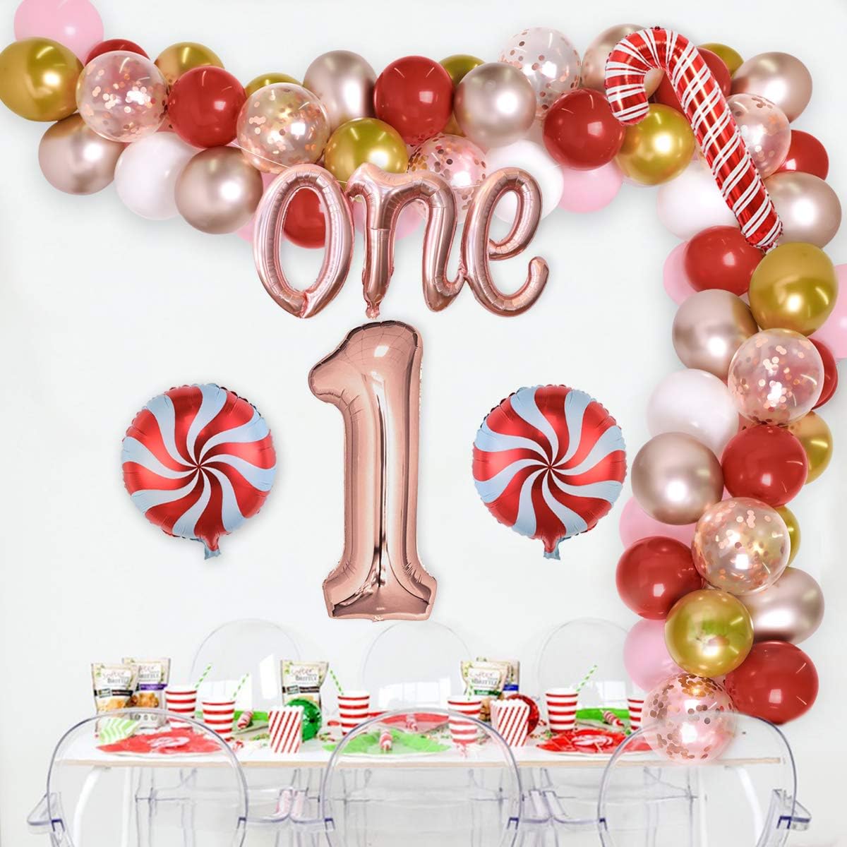 1st Birthday Party Decorations Pink Gold and Rose Gold Balloon Garland First Birthday Decorations Lolipop Theme 1st Birthday Party Candy Cane Balloons