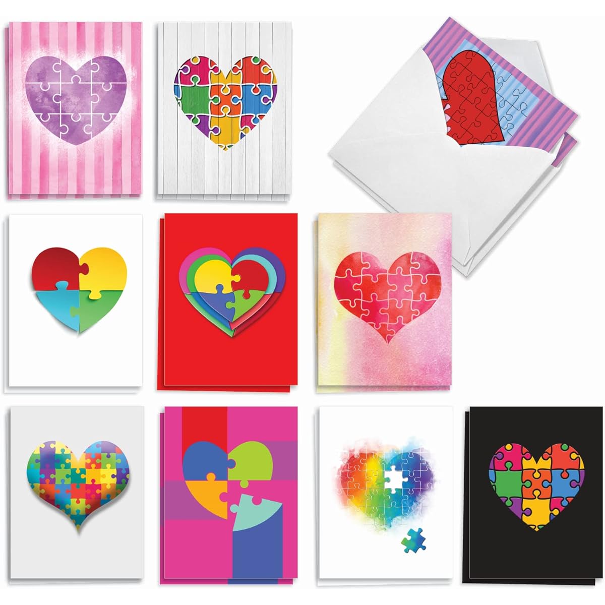 The Best Card Company Jigsaw Hearts - 20 Assorted Boxed Valentine's Day Note Cards with Envelopes (4 x 5.12 Inches) - Heart-Shaped Puzzle AM3181VDG-B2x10