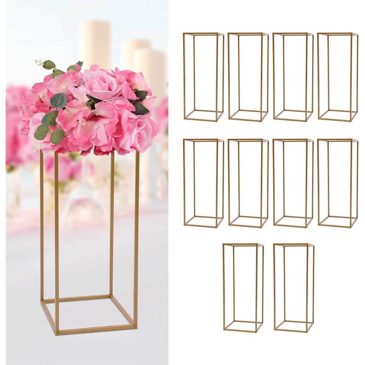 10pcs Flower Stand Gold Flower Display Stand Wedding Metal Flower Rack Column Floor Vase Rectangular Flower Tall Vase Wedding Patio Centerpiece Road Lead Table Decoration Indoor Outdoor