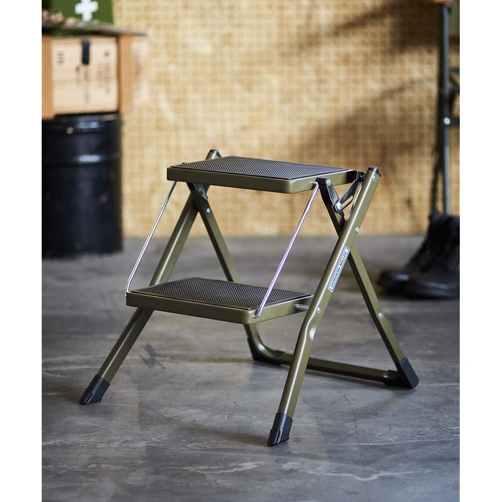 GORDON MILLER Step Ladder Car Wash DIY H45 x W49 x D48 (when used) Step Stool Folding 2 Tier Steel Load Capacity 100kg OD Khaki 1528035
