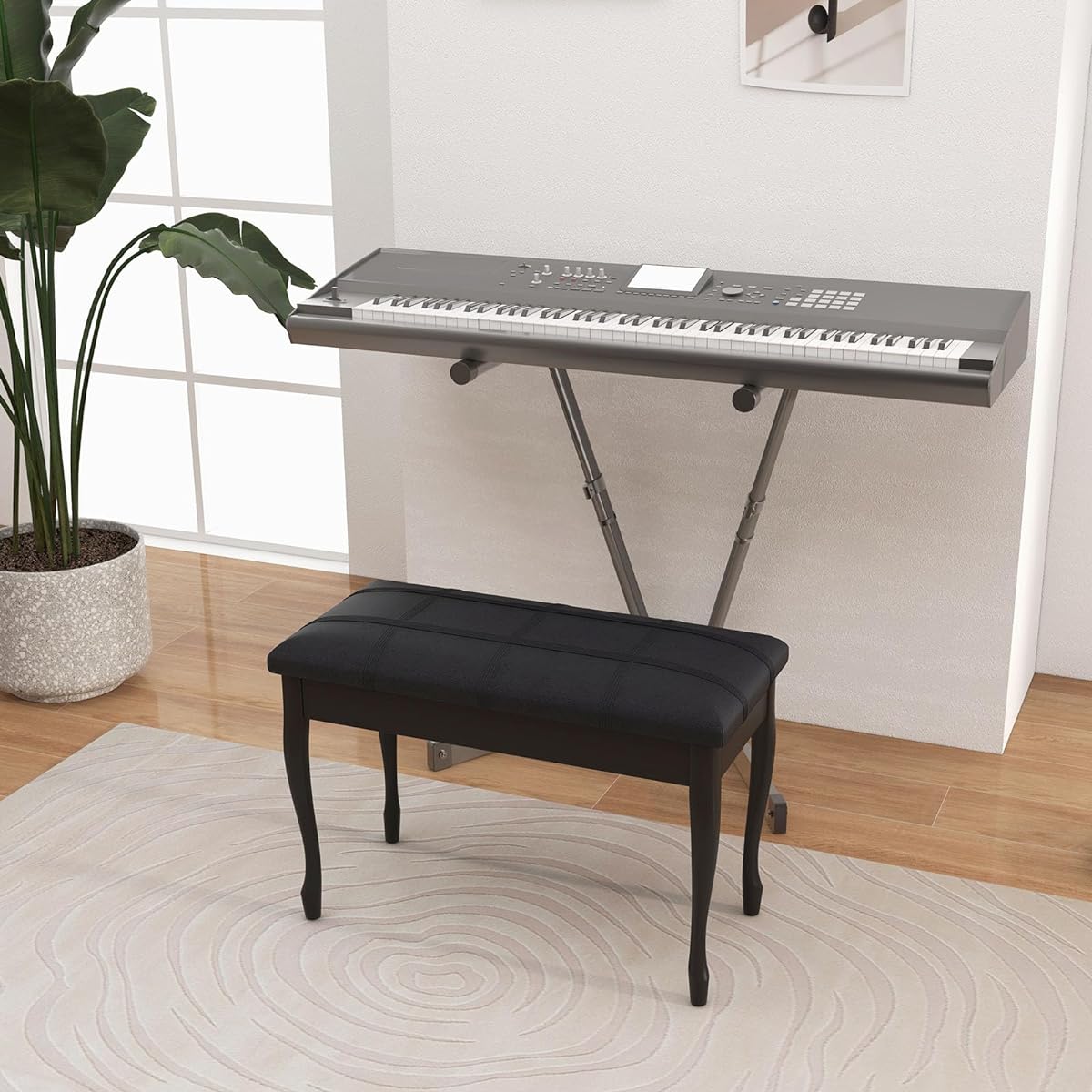 Giantex Piano Bench PU Leather with Padded Cushion and Music Storage Comfortable Double Duet Seat Wooden Legs Perfect for Professional or Home Use (Black)