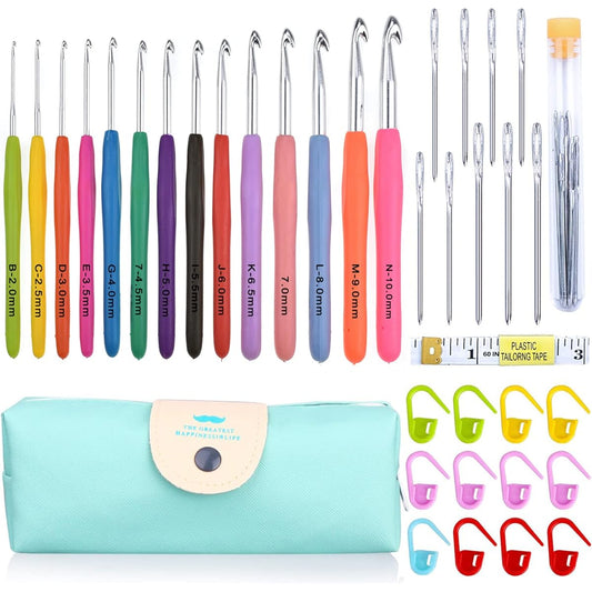 14pcs Crochet Hook Set Ergonomic Soft Grip Handle Big Eye Rounded Knitting Needles Kit with Case for Arthritic Hands 2mm(B)-10mm(N) Extra Long Plus Knit Needles Knitting Yarn Set