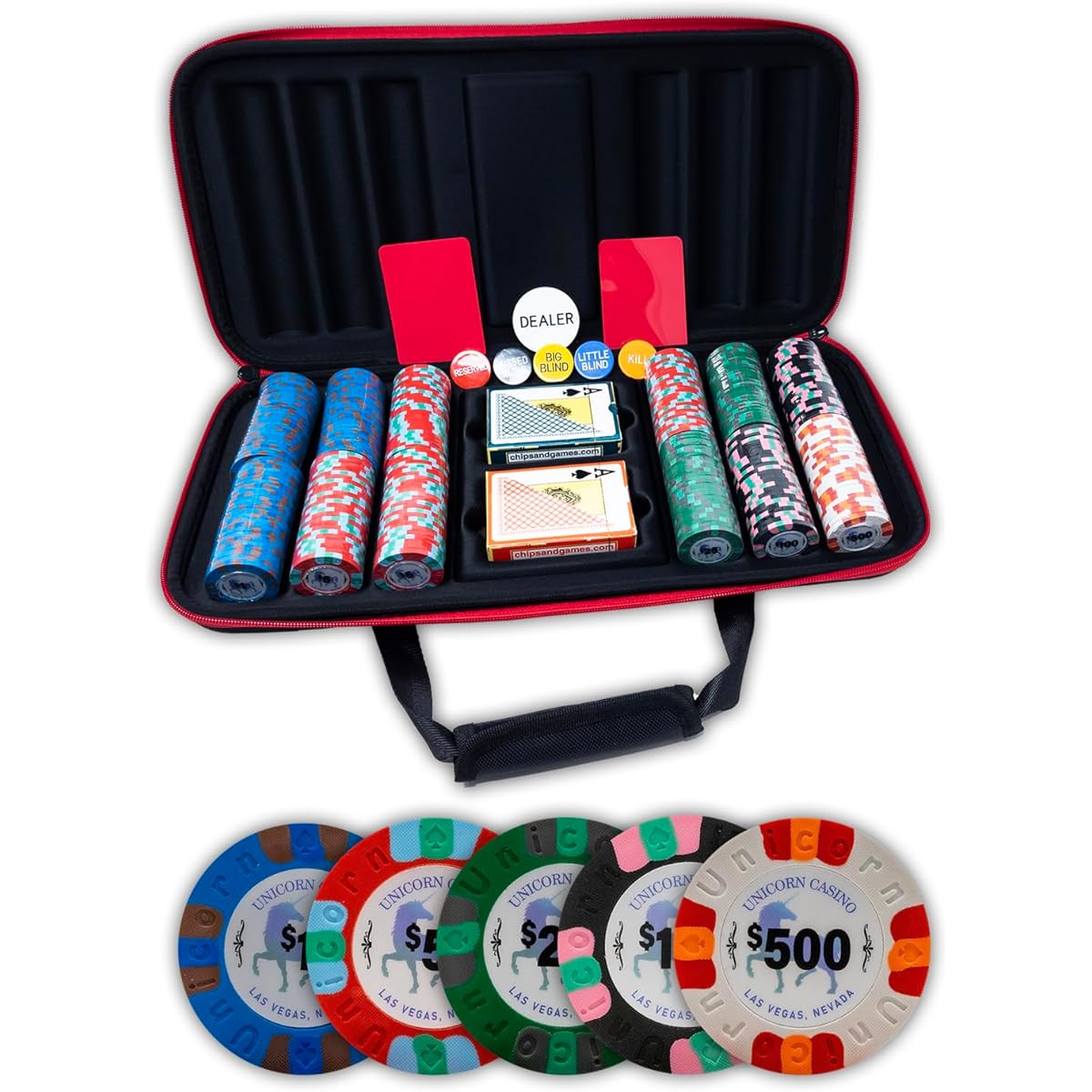 DA VINCI Unicorn All-Clay Poker Chip Set - 300 Genuine Casino Weight 9 Gram Chips, Durable Softshell Case, 2 Decks of Plastic Playing Cards, Dealer Button, and 2 Cut Cards
