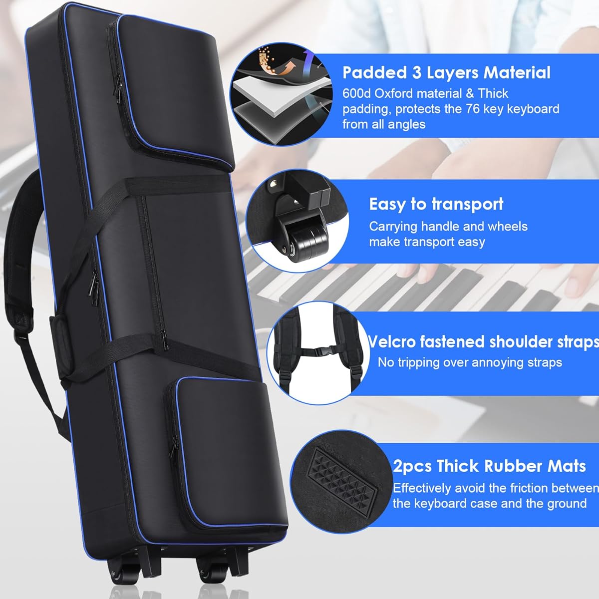 76 Key Keyboard Case with Casters (Internal Size: 50.5"x18.1"x6.3") | 76 Key Keyboard Rolling Bag with Soft Handle & Padded Shoulder Strap | Portable 76 Key Keyboard Case Roller Bag (Black)
