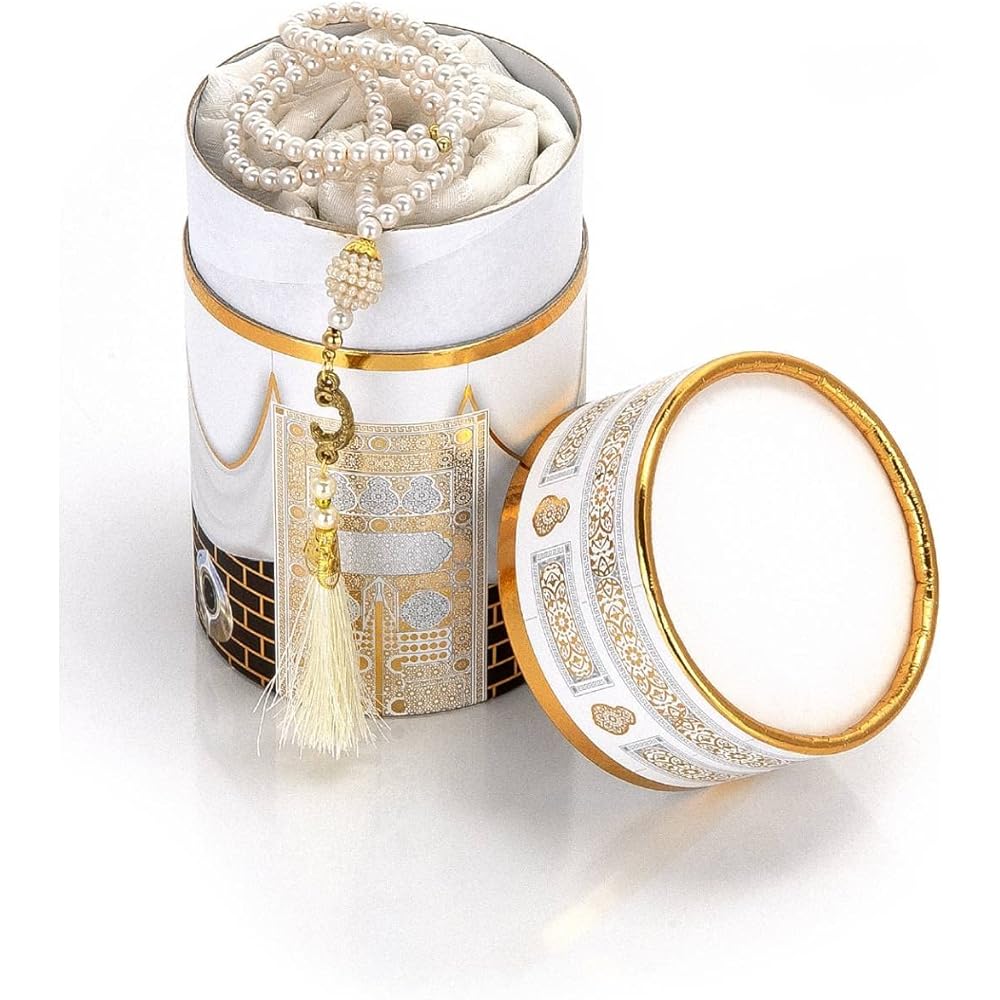 Muslim Prayer Rug and Prayer Beads Elegant Design Cylinder Gift Box | Janamaz | Sajadah | Soft Islamic Prayer Rug | Islamic Gift Set | Prayer Carpet Mat Taffeta Fabric White/Mod2