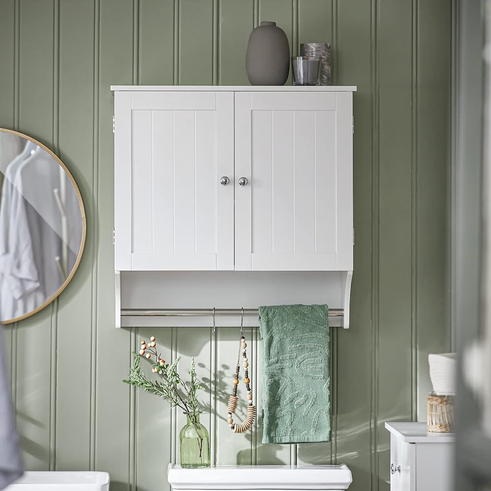 SoBuy Hanging Shelf, Wall Hanging Shelf, Wall Storage, Washroom Storage, Towel Rack, Width 60 x Depth 30 x Height 60, Movable Shelf, Wooden, Scandinavian Style, Towel Hanger, Toilet Storage, Kitchen Storage, Storage Shelf, Laundry Storage (BZR84-W)