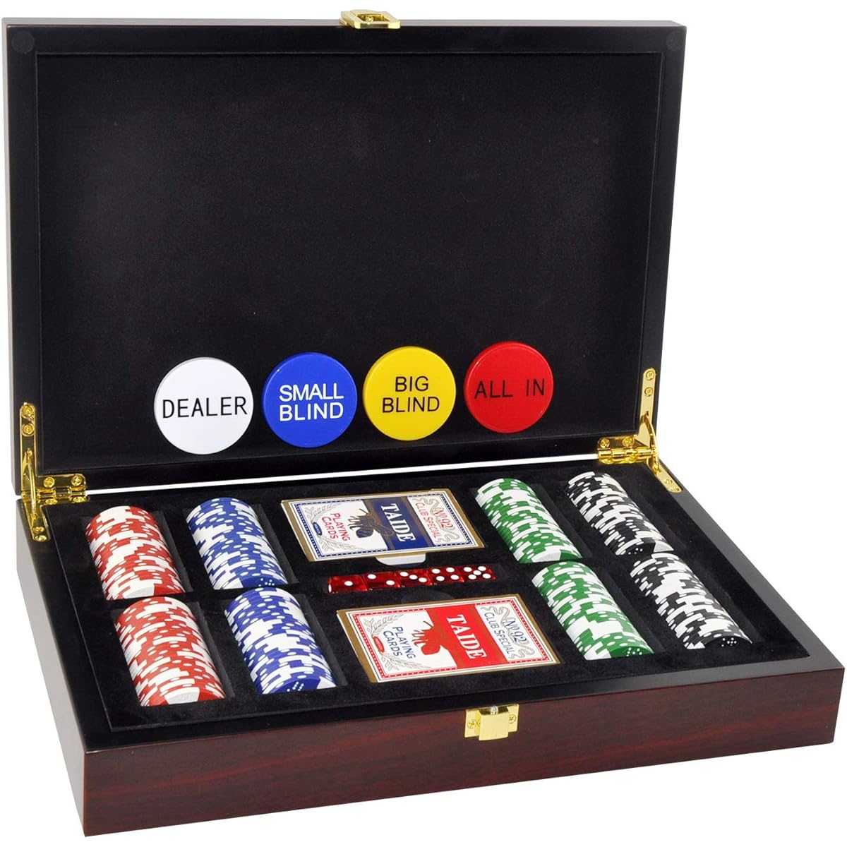 DUCIHBA Poker Set - 200 Piece Casino Clay Chips, 14 Gram, 2 Decks of Cards, 5 Poker Dice, 4 Buttons, Wooden Storage Case, Cherry Red & Brown