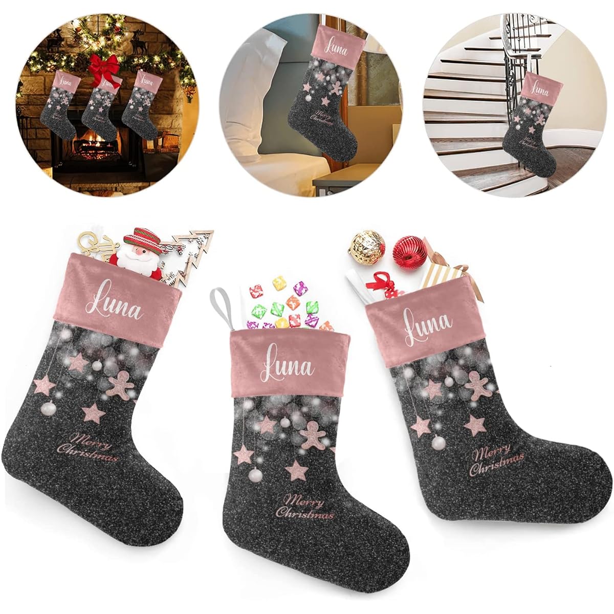 XOZOTY Rose Gold Christmas Cute Star Ball Name Christmas Stocking for Boys Girls Pet Christmas Gift 17.52 x 7.87 inches