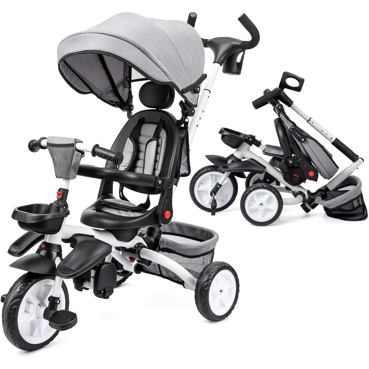 Babevy Baby Tricycle 7-in-1 Folding Toddler Bike with Removable Adjustable Push Handle, Canopy, Swivel Seat, Safety Harness, Cup Holder & Storage, Trike for 1-5 Years Old Toddler Tricycle (Grey), Large, BABEVYTRICYCLE001