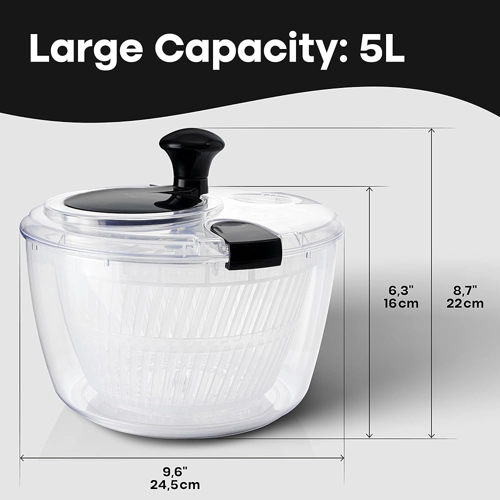 Neatness Large Salad Spinner with Drain, Bowl, and Colander - Quick and Easy Multi-Use Lettuce Spinner, Vegetable Dryer, Fruit Washer, Pasta and Fries Spinner - 5.28 Qt