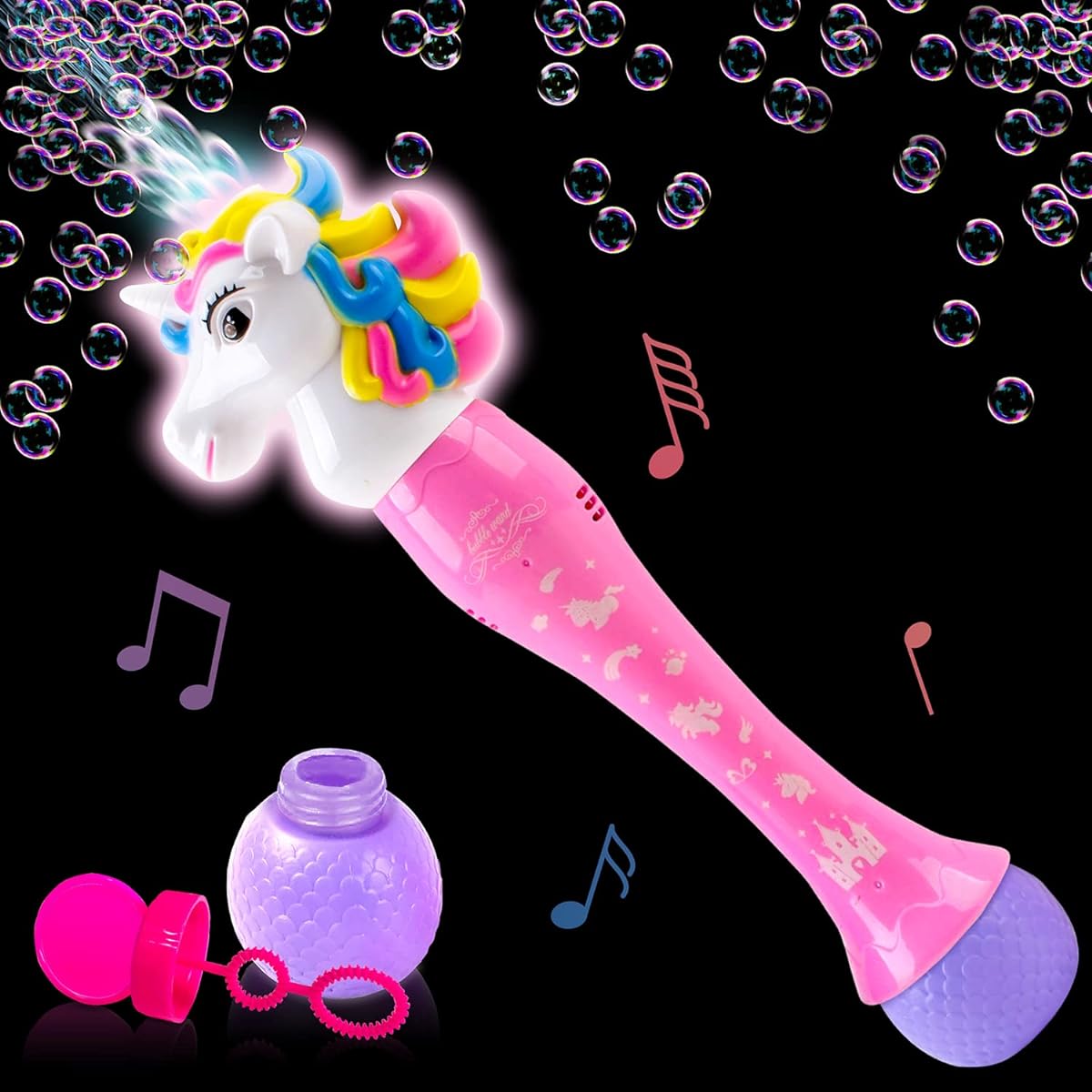 ArtCreativity Light Up Unicorn Bubble Blower Wand, 14" Illuminated Bubble Blower Wand with Thrilling LED & Sound Effects for Kids, Bubble Fluid, Batteries Included, Gift Idea, Party Favors