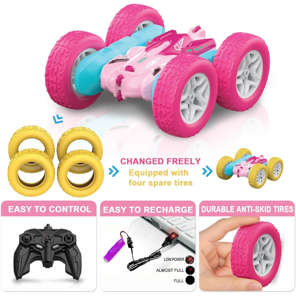 seveclotree Remote Control Car for Kids, 360 Degree Rotation Double Sided RC Car 4WD 2.4Ghz Stunt Car Toy with Headlights Birthday Gift for Boys and Girls Ages 6+