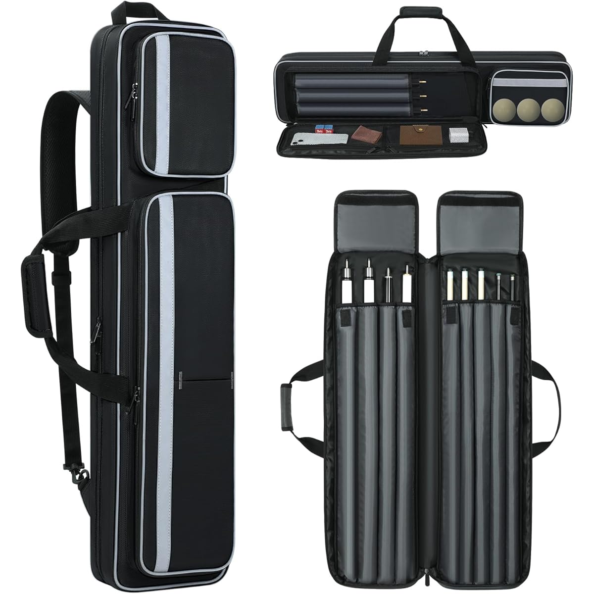 Aleemin Pool Cue Case 4x5 Pool Cue Carrying Case Soft Padded Billiard Stick Bag with Multi Pockets for 4 Butts and 5 Shafts Pool Stick Case with Shoulder Strap & Handle for Billiard Cues