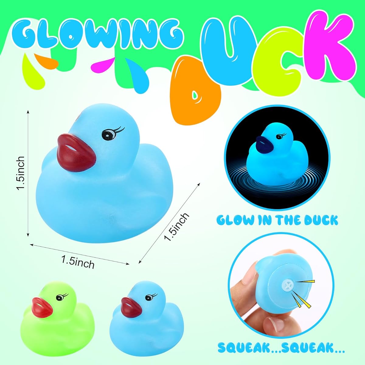 Hiboom 120pcs Glow in the Dark Rubber Ducks, Squeaky Glow Rubber Ducks, Fluorescent Floating Bath Toys, Mini Light Up Ducks for Gifts Pool Shower Party Favors DIY Room Bathtub Decor School Supplies