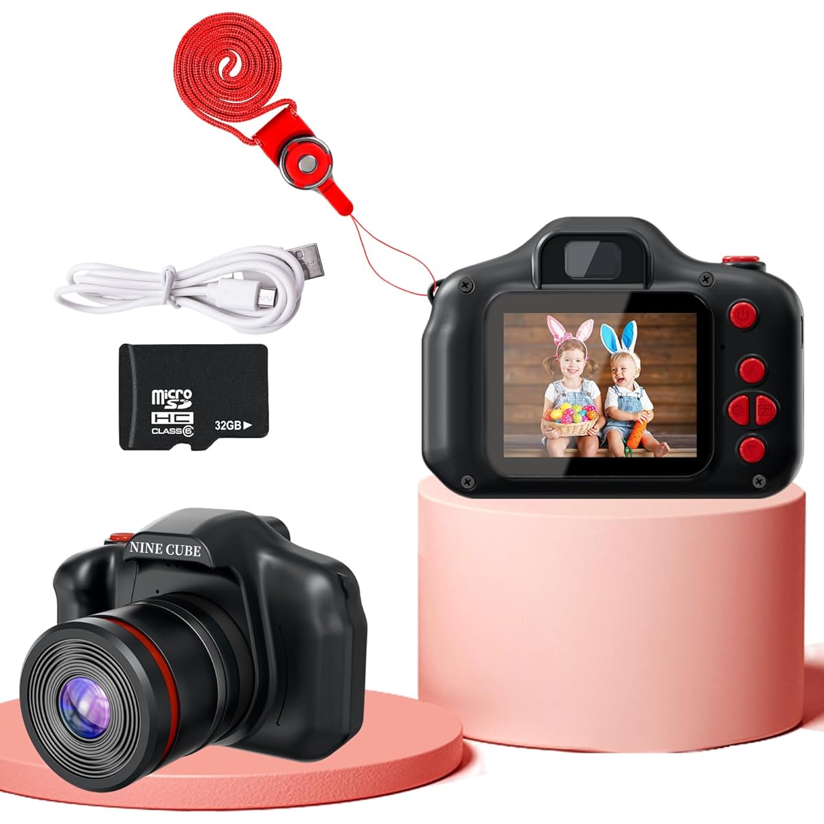 NINE CUBE Kids Digital Camera Black Toddler Camera for 3-7 Years Old Kids Girls Boys Long Lens Toy Camcorder Mini Toy Gift Digital Camera for 3 4 5 6 Years Old Kids with 32G Card