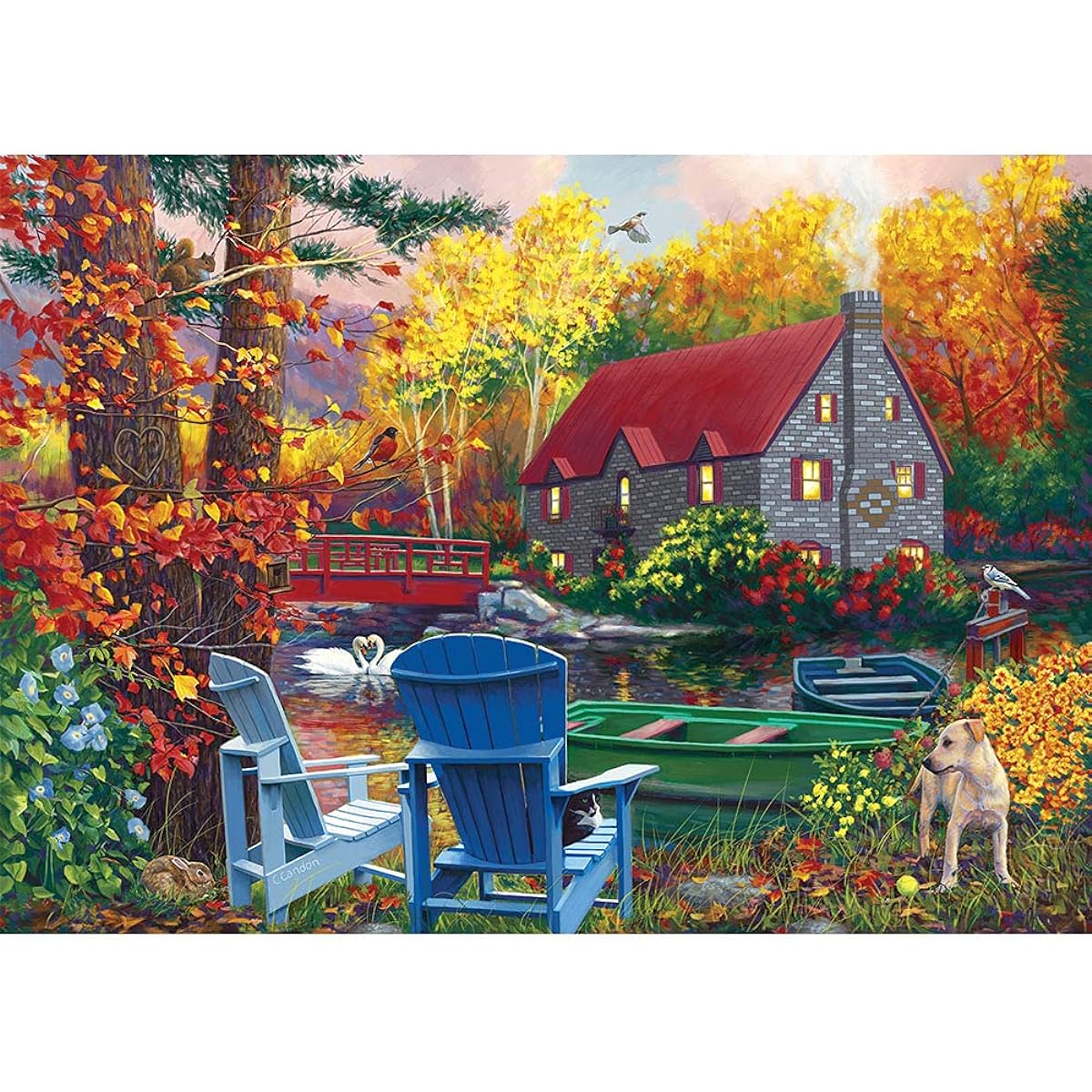 Bits and Pieces - 500 Piece Jigsaw Puzzle for Adults 18" x 24" - The Lake in the Fall - 500 Piece Fall Leaves Cabin Dog Trees Boat Forest Nature Jigsaw Artist Chantal Candon