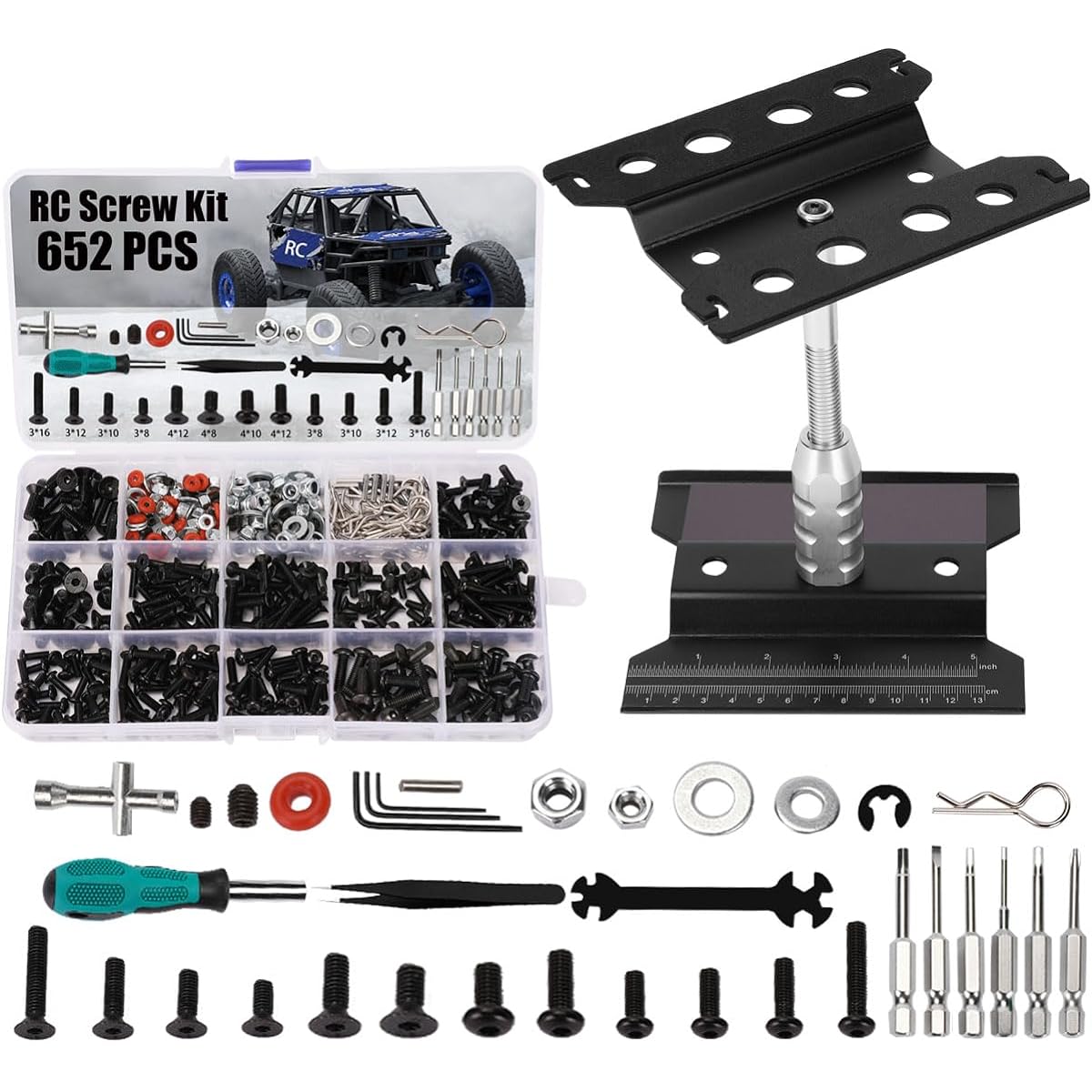 RC Car Stand and 652pcs RC Screw Kit RC Car Work Stand Repair Workstation RC Hardware Kit Universal RC Car Screw Tool Assortment Kit and Portable RC Repair Stand for 1/8 1/10 1/12 1/16 Scale RC Car