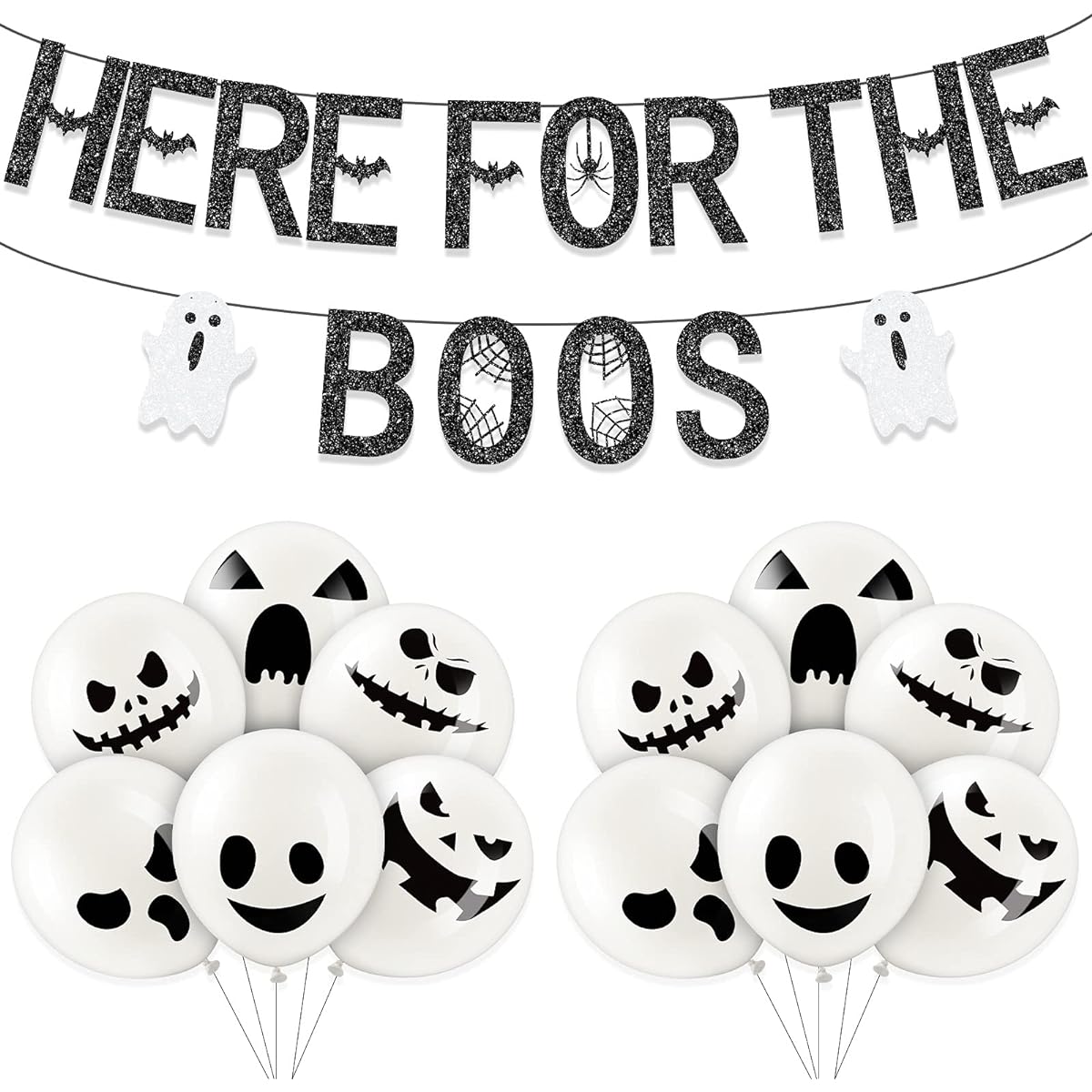 50pcs Black Glitter Here for The Boos Banner Ghost Latex Balloons Halloween Ghost Banner Ghost Latex Balloons Ghost Expression Balloons Halloween Theme Party Supplies Ghost Home Decoration