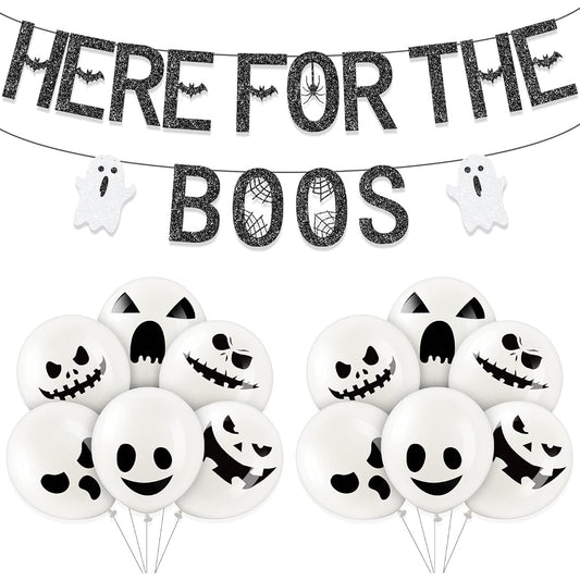 50pcs Black Glitter Here for The Boos Banner Ghost Latex Balloons Halloween Ghost Banner Ghost Latex Balloons Ghost Expression Balloons Halloween Theme Party Supplies Ghost Home Decoration