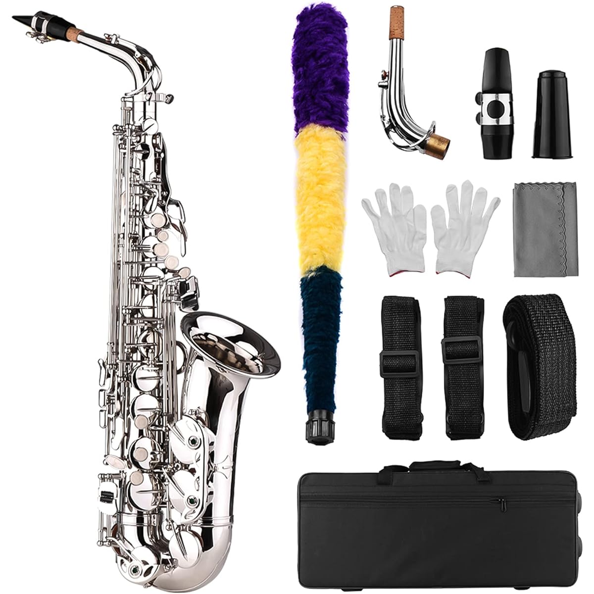 Btuty Saxophone Sax Eb Alto E Flat Brass Engraved Pattern Surface Plastic Mouthpiece with Gloves Cleaning Cloth Brush Strap