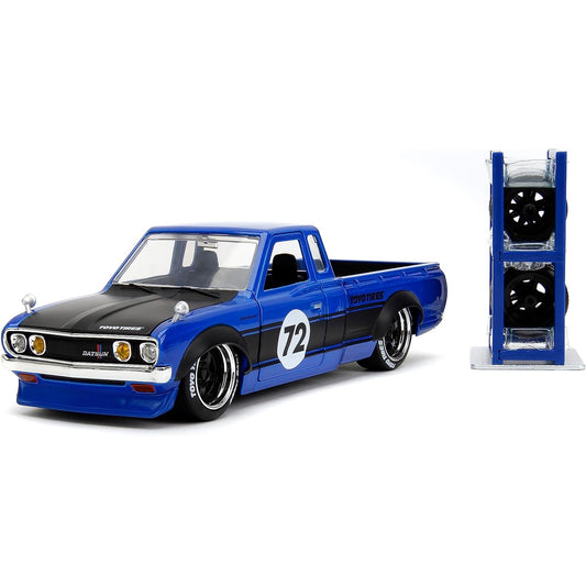 Just Trucks 1:24 Datsun 620 Pickup Truck Die Cast Truck with Tire Rack Toy for Kids and Adults (Blue/Black Stripes)