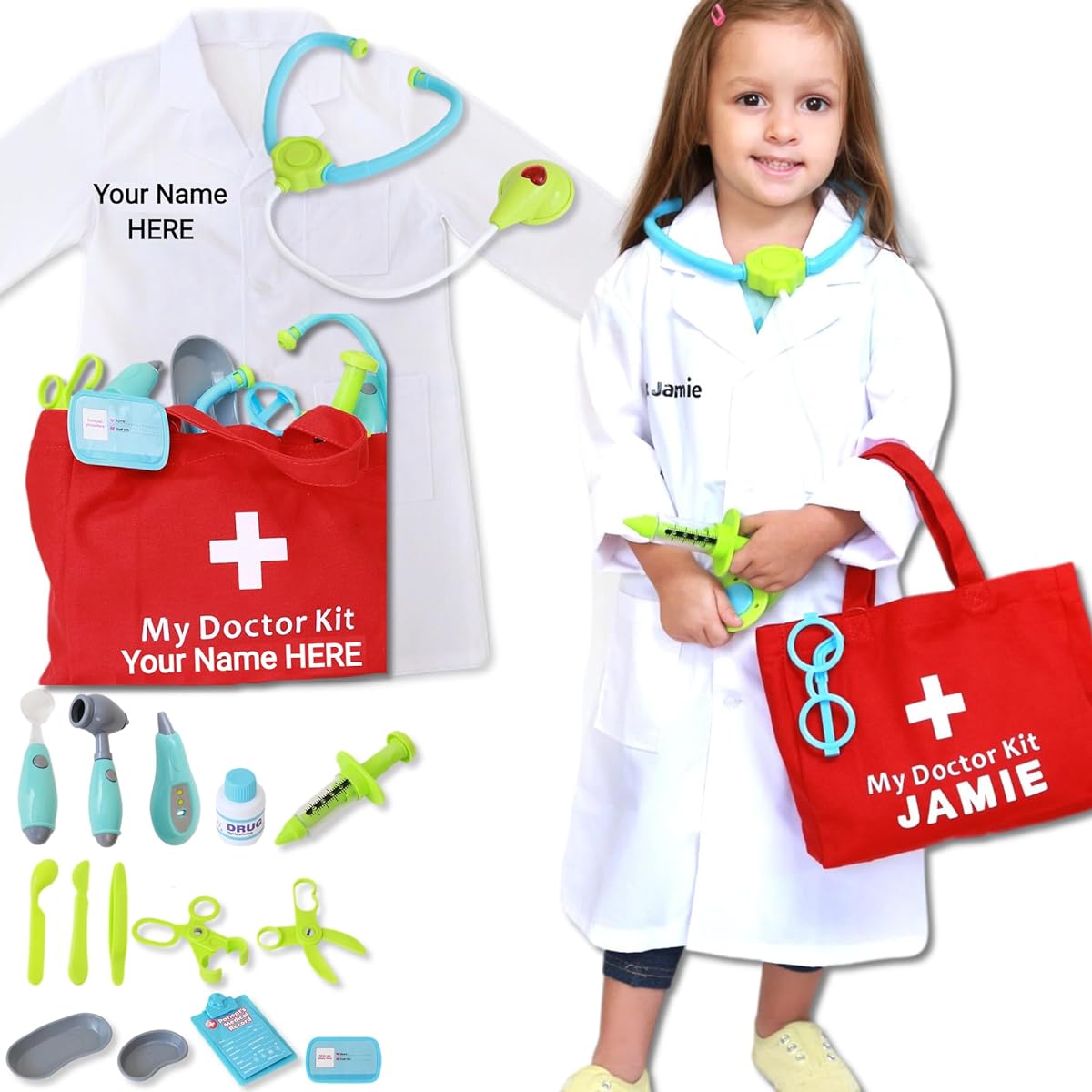 19pc Pretend Play Doctor Set with customizable medical coat and bag