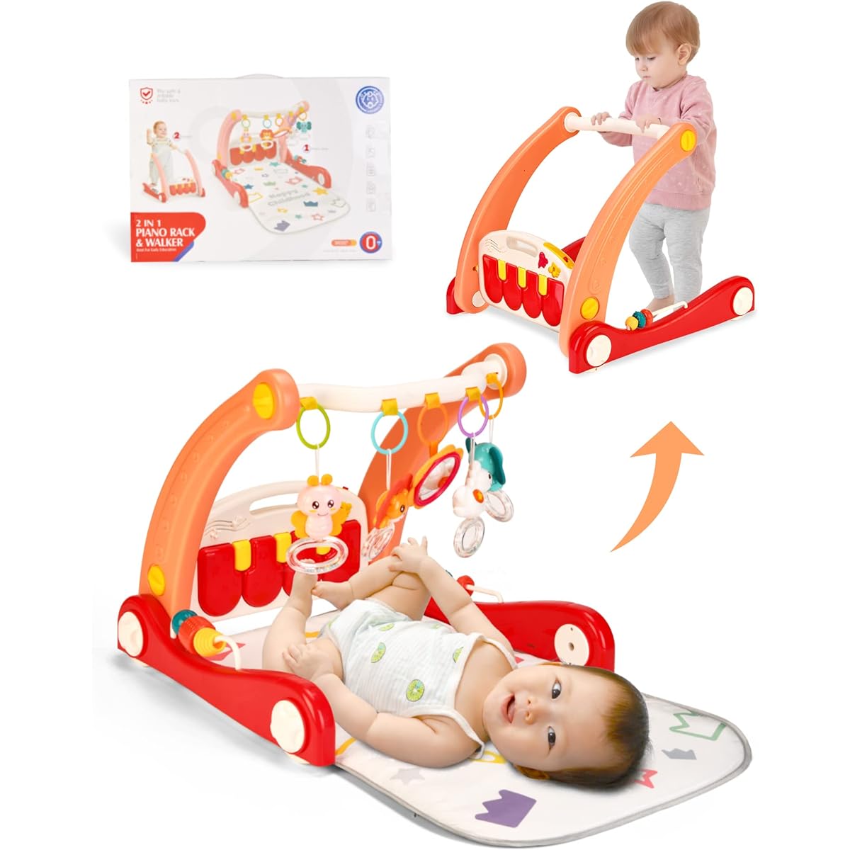 Baby Gym, Play Gym & Walker, Pushchair, Indoor Play Equipment, Foldable, Compact, Easy to Store, Includes Educational Toys, Baby Toys, 0 Years Old, Nap Toys, Baby Shower Gift (Orange/Red)